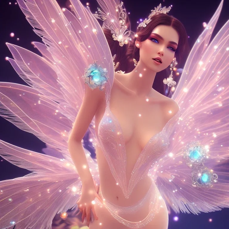 beautiful fairy in a galactic ambiance, transparent wings, delicate colors, finely tuned detail, ultra high definition, 8 k, unreal engine 5, ultra sharp focus