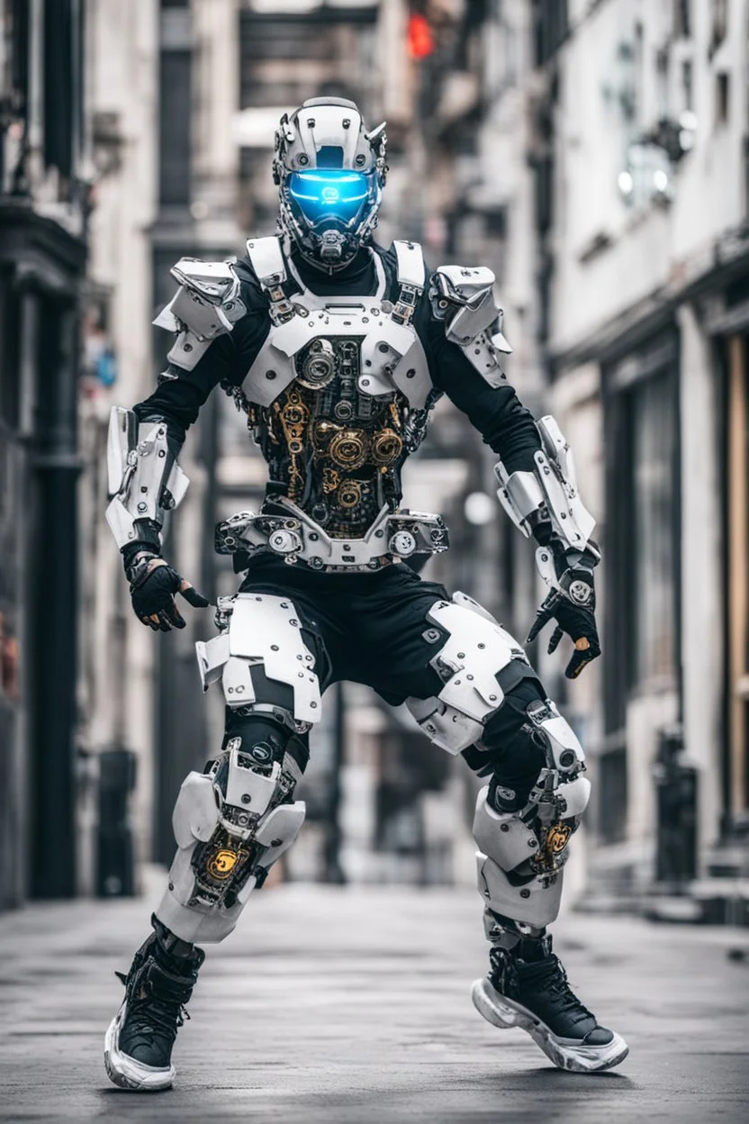 hip hop cyborg dancer wearing mechanical full body dance on street