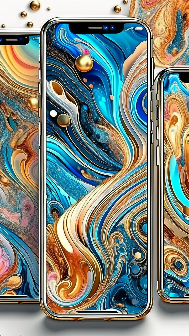 Create a visually striking iPhone wallpaper that blends abstract and natural elements. The scene should feature a vibrant, flowing mix of swirling colors and geometric patterns, with soft gradients transitioning into organic shapes like flowing water or clouds. Incorporate splashes of metallic gold or silver accents that catch the light, creating a dynamic yet serene composition. The overall aesthetic should evoke creativity, calmness, and elegance, with a modern, painterly feel.