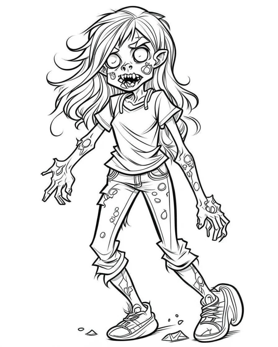 cartoon girl zombie, coloring image, full body (((((white background))))), only use an outline., real style, line art, white color, clean line art, white background, Sketch style