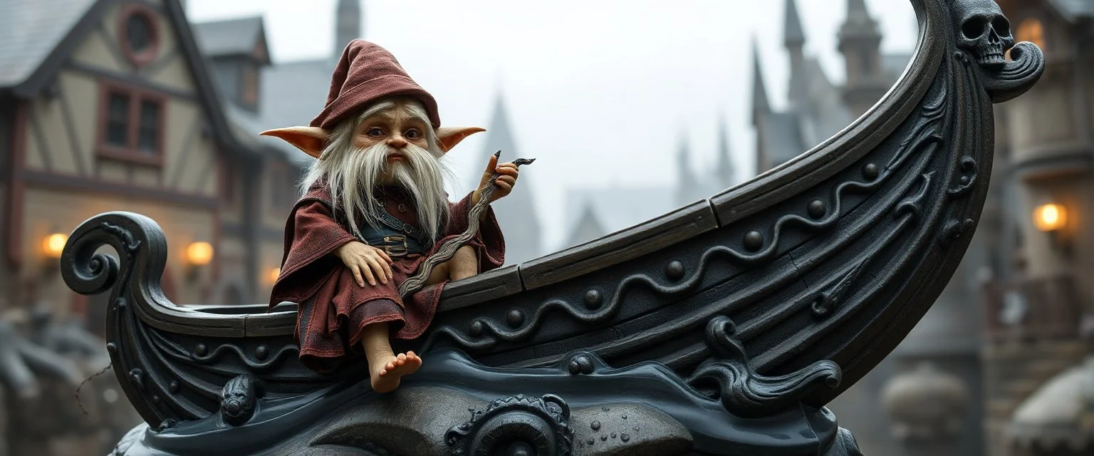 a blonde fluffy gnome quickling kobold gremlin that looks like the opposite of a vampire in bunad leaning on statue of twisted interdimensional sci fi boat