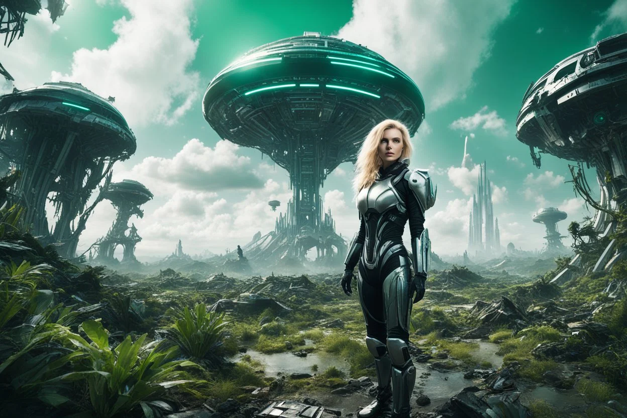 Wide angle photo of a sci-fi woman with blond hair, silver and black futuristic spacesuit looking android-like, standing on an derelict alien jungle planet with cloud trees in multiple green hues