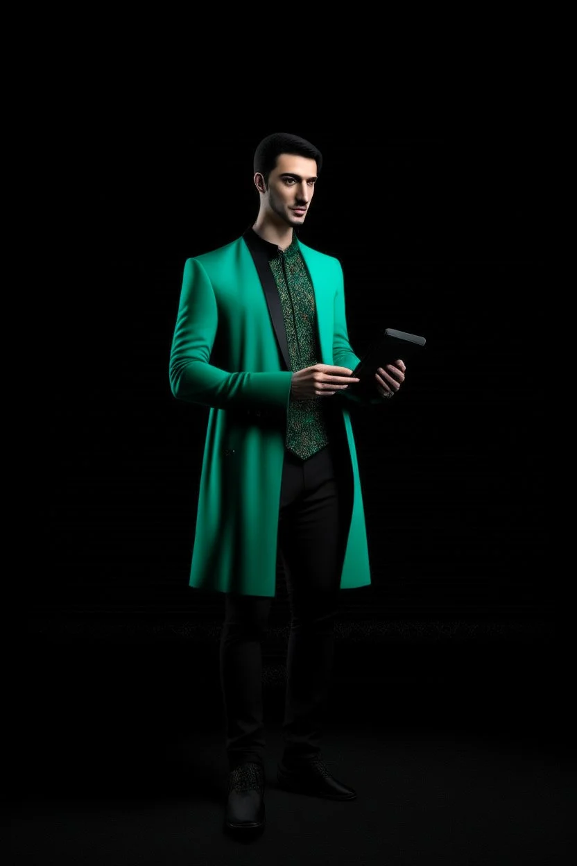 Modern guy, 20s, "holding ipad in left hand", looks like a "renaissance painting look", walking forward, full body, "persian green coat", blue pants, "right hand in to the ground". "Front facing" "forward view" black background