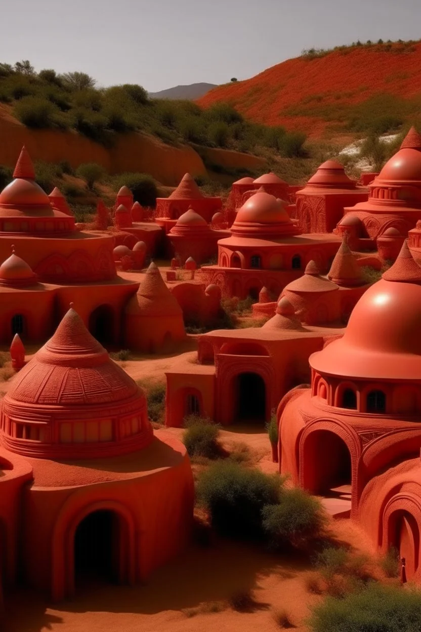 An orangish red vampire village designed in designed in ancient Greek pottery