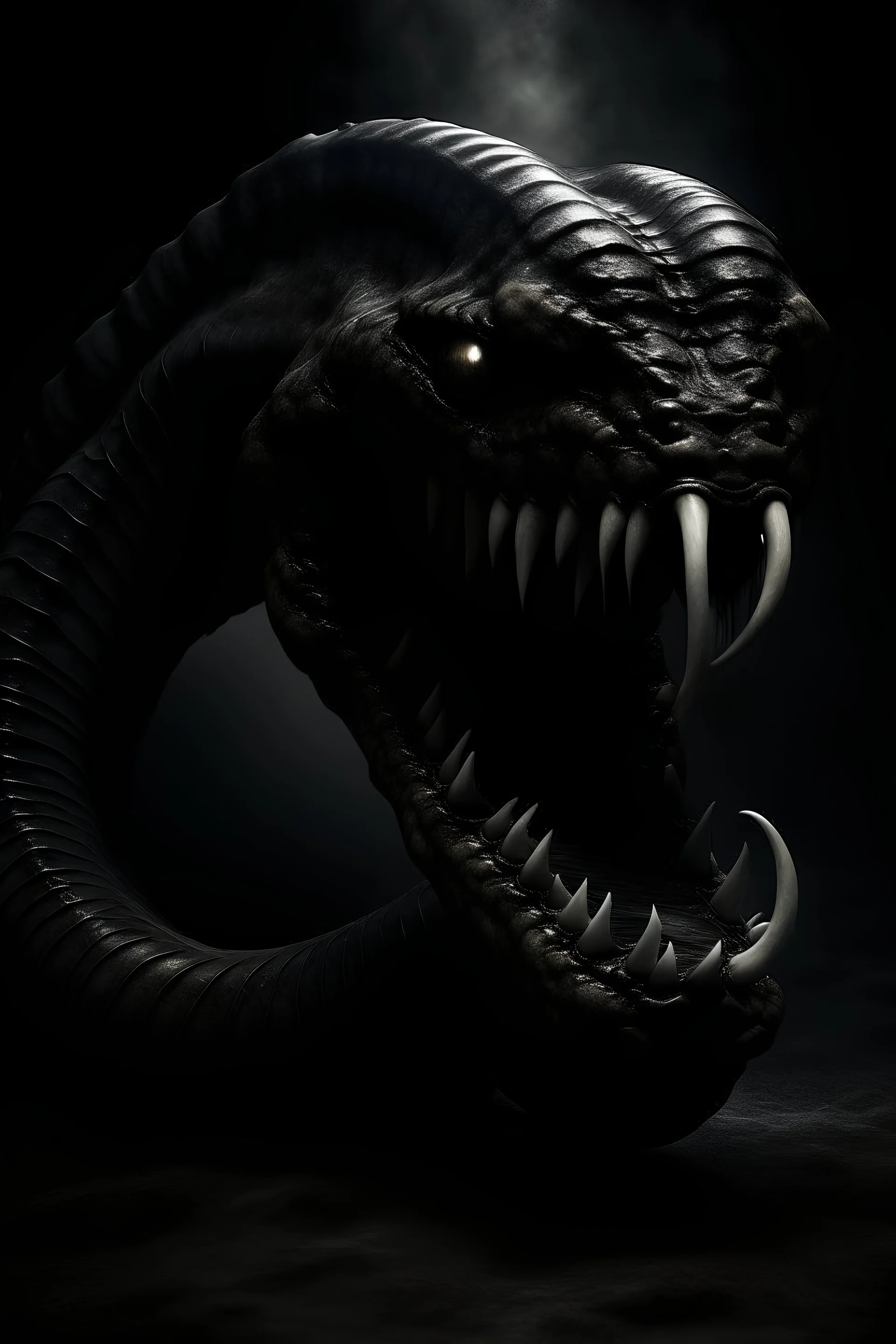 A large, several-headed, black worm with razor-sharp teeth in the dark abyss