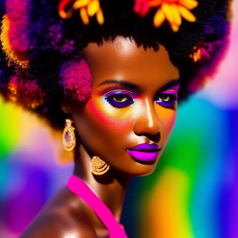 masterpiece, best quality, woman, dark skinned, sparkling eyes, fluorescent skin, colorful makeup, afro, full body shot, highly detailed body, sun light, 4K, RAW, depth of field, high contrast, realistic details, 24mm