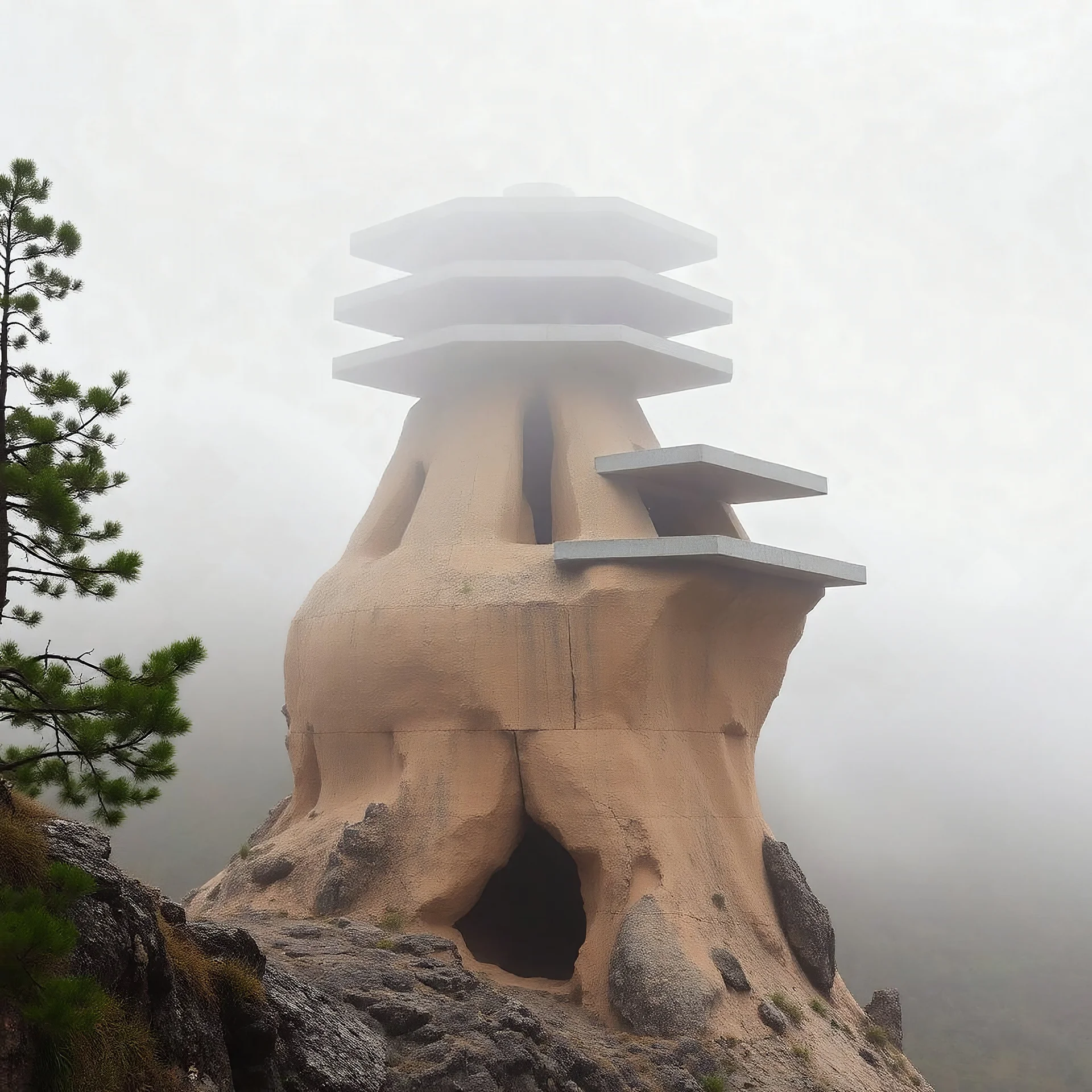 In questa foto, vedo una struttura architettonica che sembra una torre o edificio con vari piani sporgenti, sostenuti da un nucleo centrale che appare parzialmente eroso o scavato. L'aspetto del materiale centrale sembra essere di roccia o terra, come se l'edificio fosse stato costruito direttamente su un affioramento naturale. La torre ha delle piattaforme orizzontali in cemento che contrastano con il nucleo centrale. L'ambiente circostante è nebbioso, con terreno accidentato e alcuni alberi