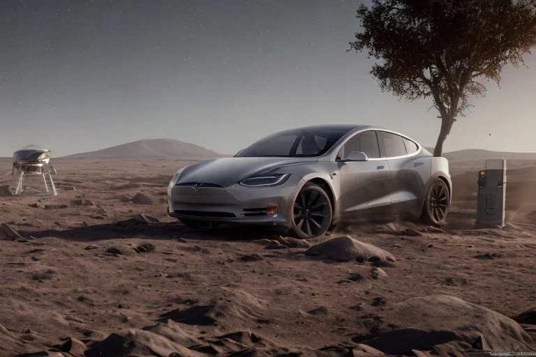 A Tesla 'Model S' is parked, at the lunar landing site of the 'Apollo 11'. (CINEMATIC, WIDE ANGLE LENS, PHOTO REAL)