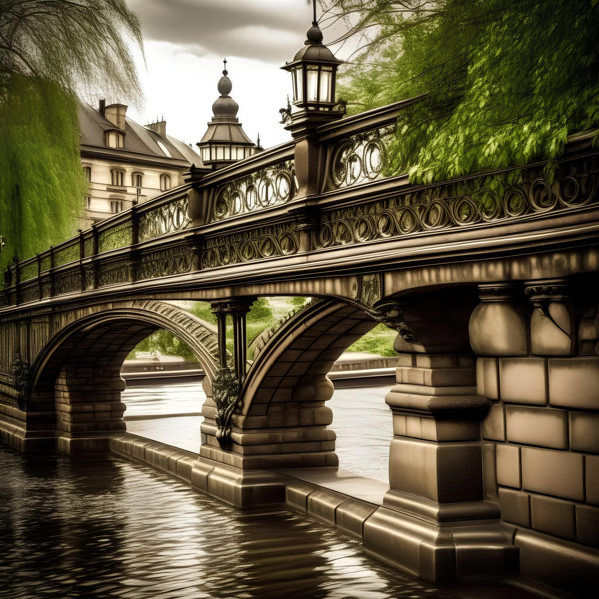 A classic stone bridge reminiscent of London Bridge spans a gentle flowing river. Ornate details adorn the elegant structure, complemented by vintage iron railings and lampposts. The scene harmoniously combines historic charm with the modern energy of the city, offering a serene yet lively backdrop for your photos.