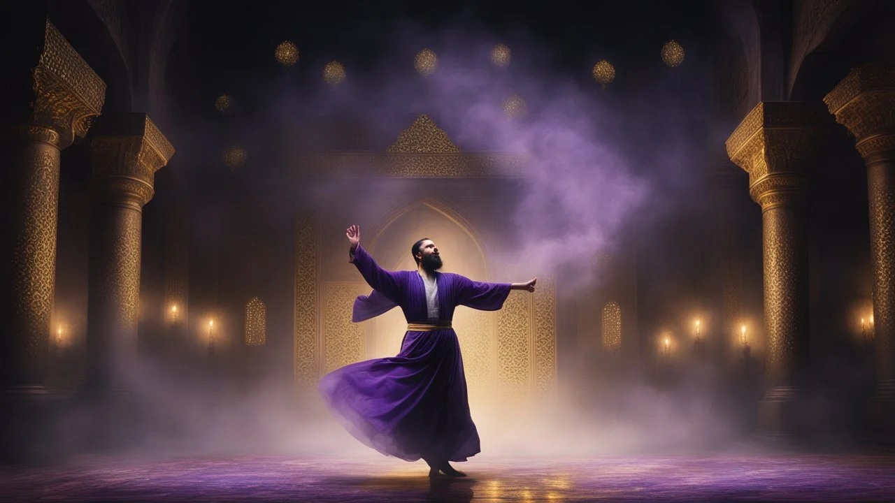 Hyper Realistic photographic-view of a Sufi Whirling with Golden & Purple Islamic Sufi Rustic Grungy-Black Background with thick-fog at dark-night outside an ancient Islamic architectural building with golden-sparkles-whirling showing dramatic & cinematic ambiance.