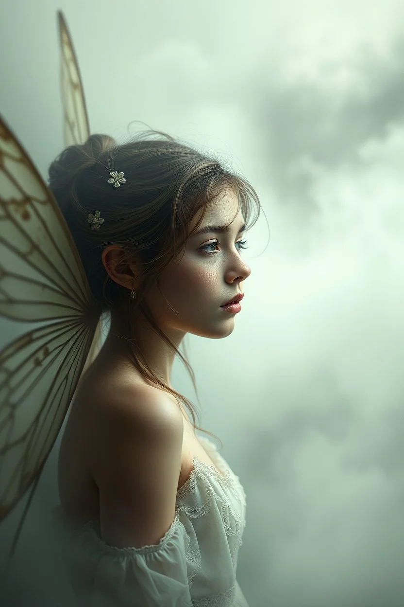 Extremely realistic photo of fairy , fog, general foul weather, (Rembrandt Lighting), zeiss lens, ultra realistic, (high detailed skin:1.2), 8k uhd, dslr, Dramatic Rim light, high quality, Fujifilm XT3, artwork in pale distressed tones , minimalistic approach, blends old world aesthetics art with elements of distressed painting and illustration, shadow play, high conceptuality, palette inspired by Charlene Mc Nally, Carne Grif