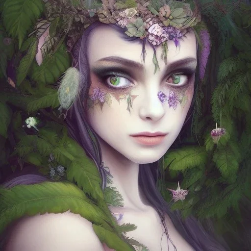 Portrait of beautiful girl, plant, metal, feathers, Dryad, fae, sidhe, ominous, nature, plants, wildflower, facepaint, dnd character portrait, intricate, oil on canvas, masterpiece, expert, insanely detailed, 4k resolution, retroanime style, cute big circular reflective eyes, cinematic smooth, intricate detail , soft smooth lighting, soft pastel colors, painted Renaissance style, 800mm lens