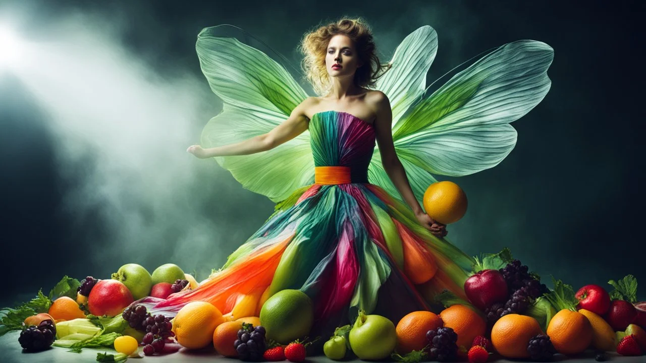 Dramatic dynamic photo of fruit woman in salad dress, Igor Morsky inspired photo in Sophie Delaporte style, beautiful fairy model, volumetric lighting, bright colors, exciting
