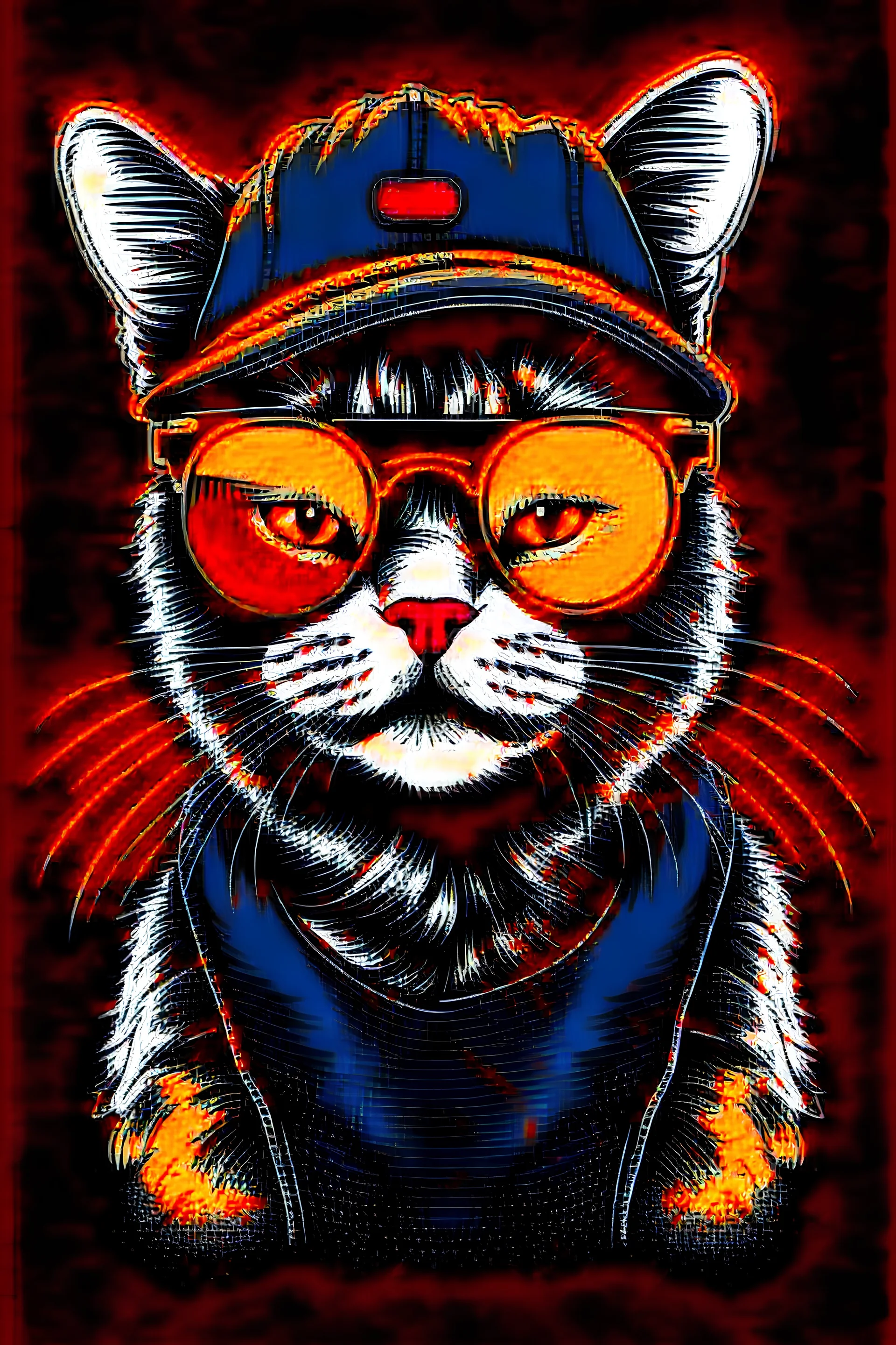 Cool cat with glasses and black cap, vivd colors, hold the arms