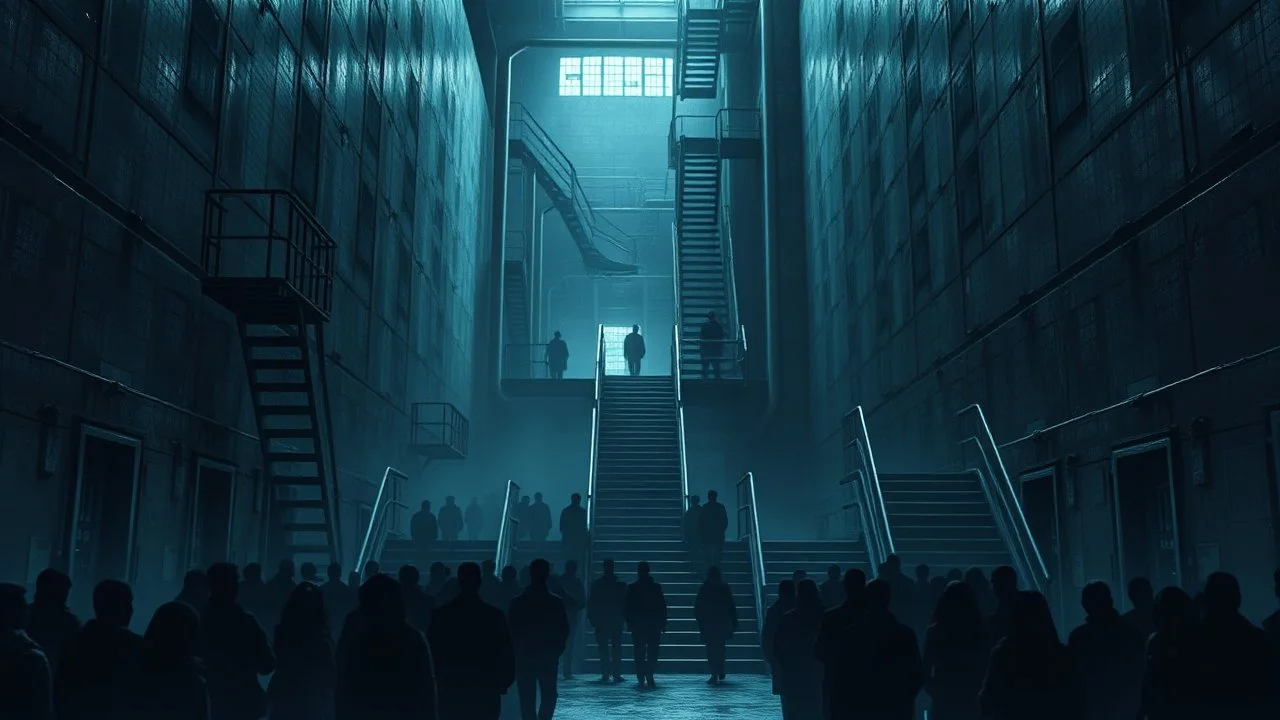Many Stairs between walls, metallic doors, and buildings in bleak prison, underneath many black human silhouette, dark blue and gray colors, cold, grim vibe, high detailed, surreal, dark, cinematic