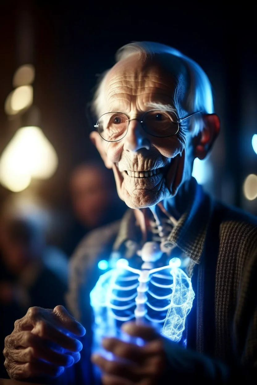 portrait of flashy transparent old man showing of his glowing skeleton, zeiss prime lens, bokeh like f/0.8, tilt-shift lens 8k, high detail, smooth render, down-light, unreal engine, prize winning