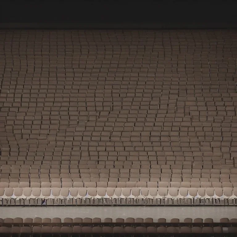 on a huge stage of an auditorium, under the bright spotilght, there is one tiny empty wooden chair