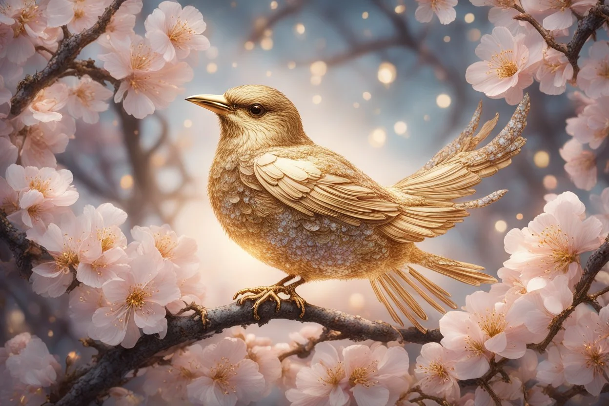 An image of a crystal bird covered in gold etching and diamonds, perched on a branch of cherry blossoms. The scene is illuminated by a soft, ethereal light, enhancing the intricate details and textures of the bird and the surroundings. The art style is detailed, realistic, and captures the magical essence of the scene, trending on ArtStation. The composition combines elements of classical elegance and modern fantasy, reminiscent of the masterful works elegant fantasy intricate high