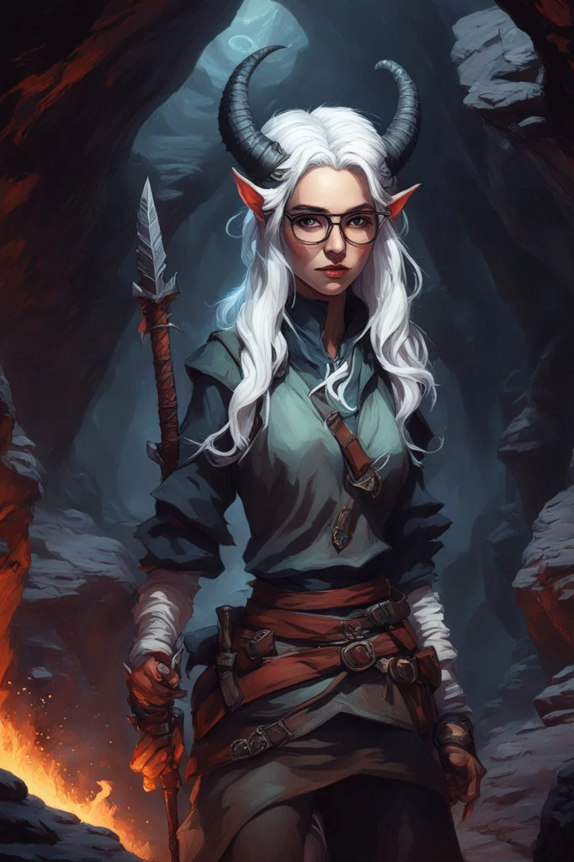 A Dnd Tiefling with a long tail and small horns in a dark cave. A female archeologist with white hair, wearing glasses, in adventurer's clothes. Cunning, beautiful, cool.