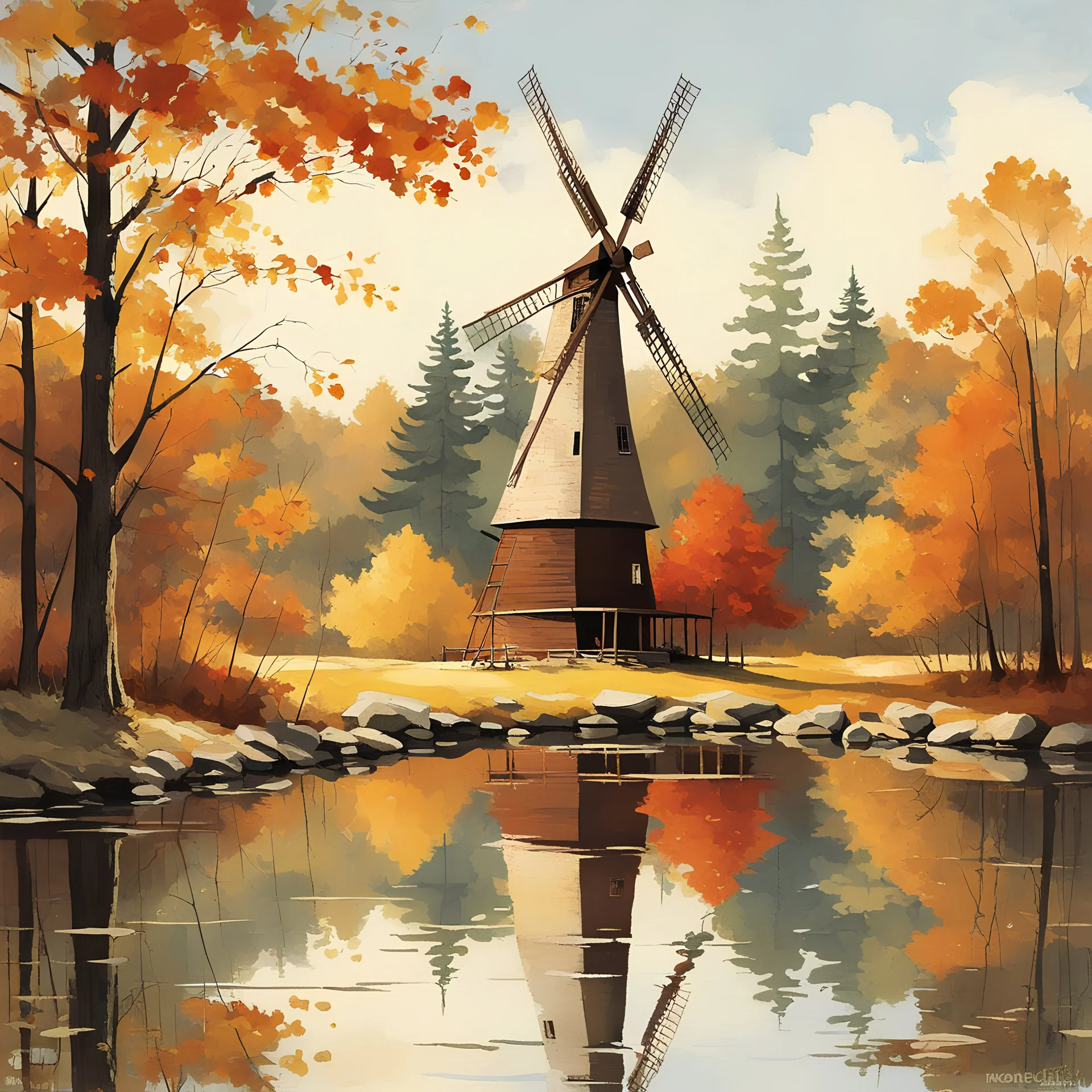 rustic windmill on banks of a still pond in autumn forest, reflective, New England autumn foliage, by Norman Rockwell and Pascal Campion, artistic, oil painting, amazing perfect reflection, artistic, watercolor illustration, concept art