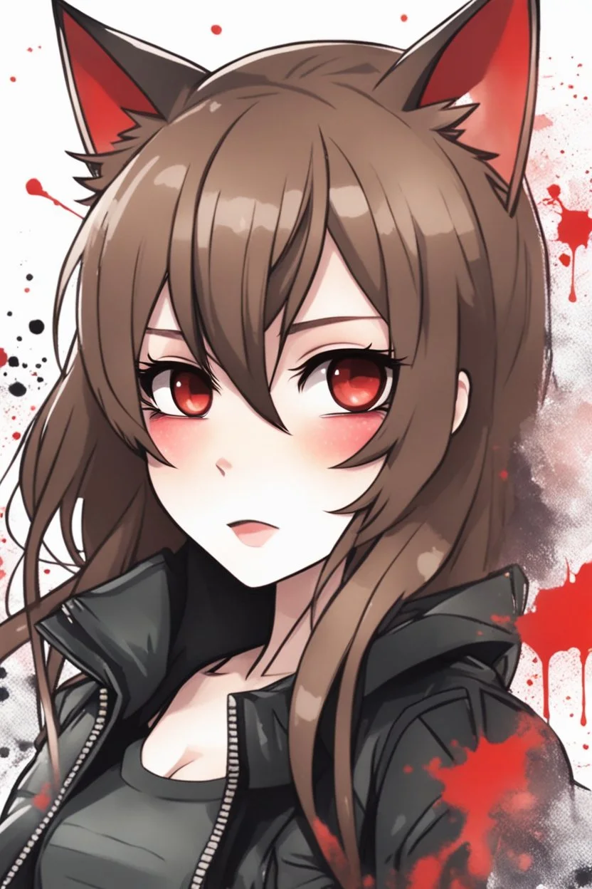 a headshot of a woman with long brown hair, red eyes, with a 'bad girl' vibe, brown cat ears, wearing black and red casual clothes, ((Chibi anime doll style)), watercolor splash art background, intricately detailed