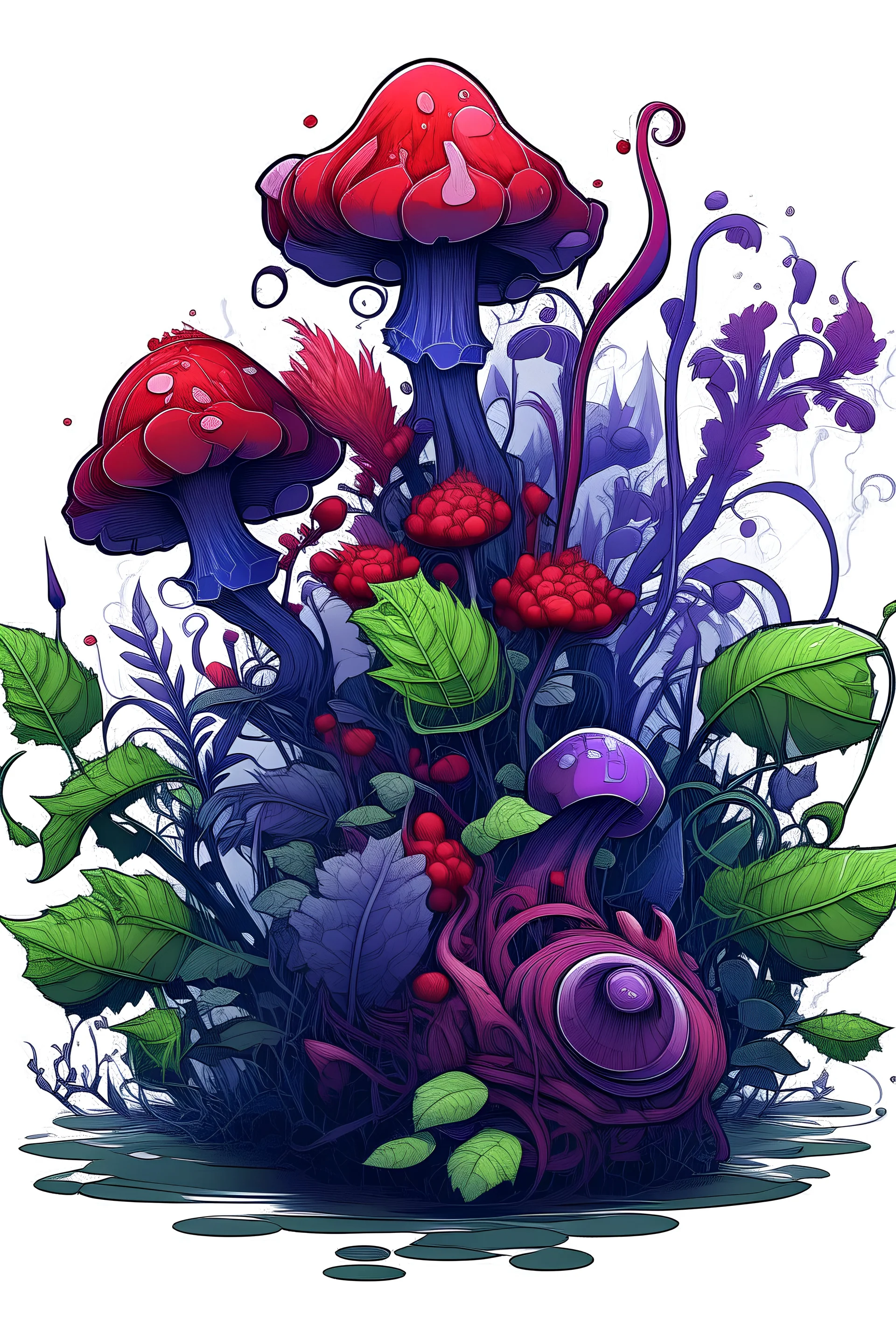 zehirli bitki, oyun stili, mor ve kırmızı renklerde, epik sıra dışı görünümlü bir bitki çizimi