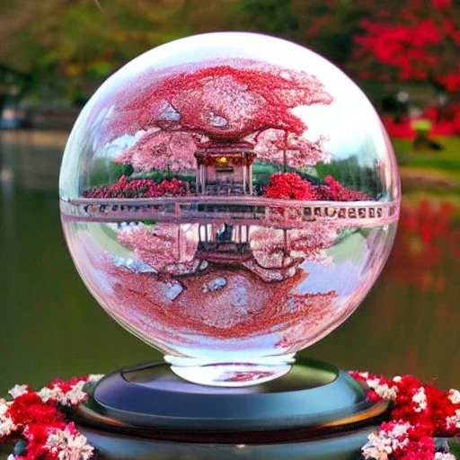 large glass globe filled with cherry blossoms and red bridge, beautiful, peaceful, gorgeous,, ornate, 8k, high-quality, fine-detail, intricate, digital art, brian froud, howard lyon, selina french, anna dittmann, annie stokes, Greg Rutowski