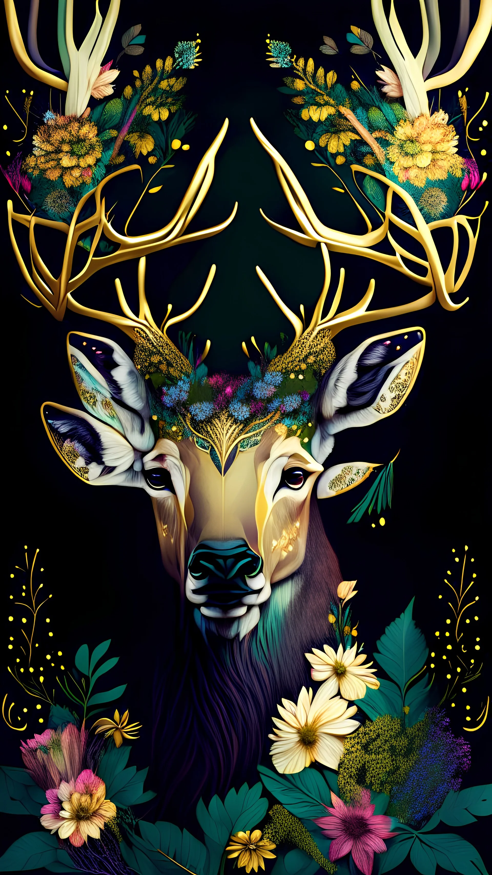 beautiful white man deer with big horns made from beautiful colorfully flowers and gold flower pattern on face, front facing dark smooth colors, forest green background,