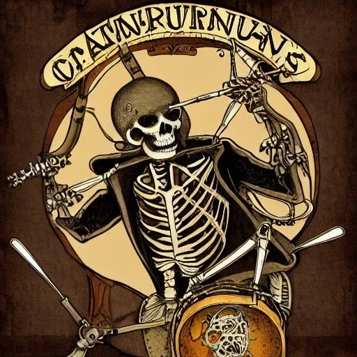 steampunk, skeleton, vitruvius man, playing drums, art nouveau,