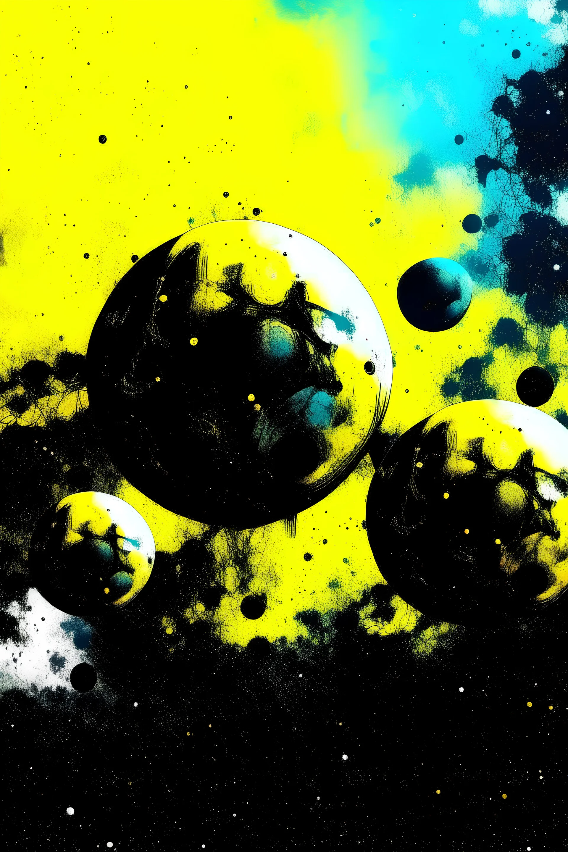 A3 format spray paint three planets with nebula in the background all in yellow tint