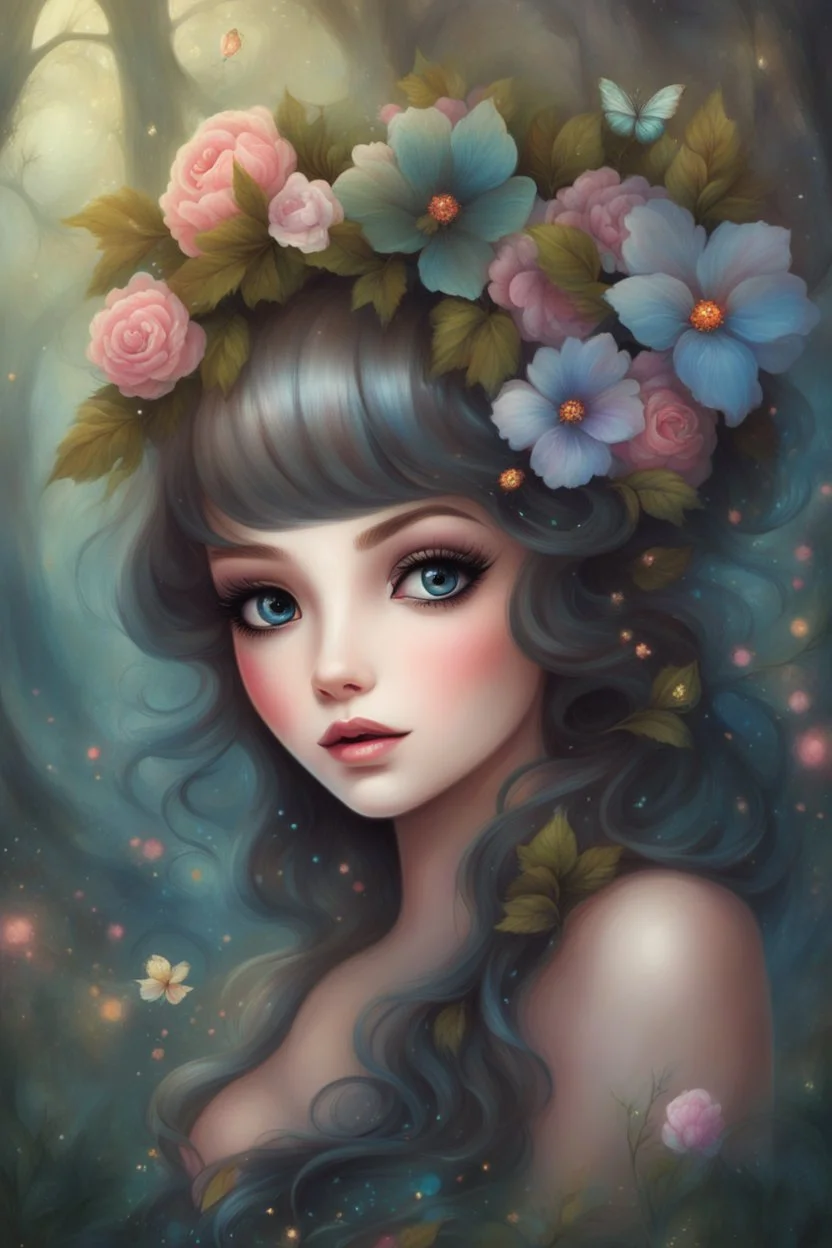 Painting of a beautiful girl, beautiful, haunted forest, flowers on her head, glitter dress, young girl, digital painting, fantasy art, pretty face, inspired by Jeremiah Ketner, illustration, anime portrait, barbie face, big eyes, bright eyes, dream, trees, forest background, dark night, song, glitters background, fantasy, high quality, 8k