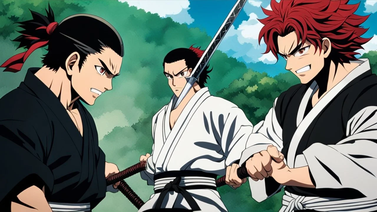 yujiro hanma vs yoriichi tsugukuni, baki vs kimetsu no yaiba, two mans standing in front of each other, a big strong man in black shirt with red hair and evil grin in martial art's stance facing a smaller feminine swordsman with long hair and calm face reaching for his sword in traditional japanese clothes both preparing to fight each other