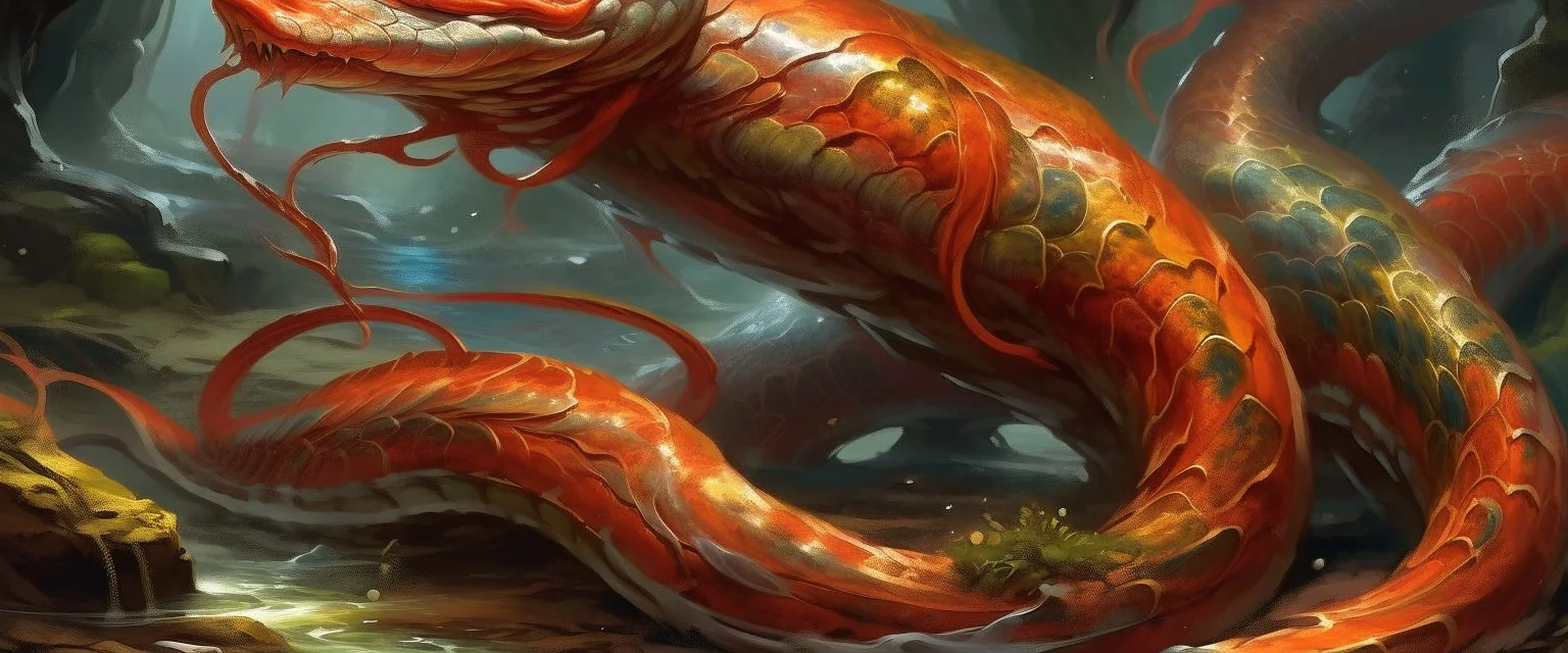 An orangish red lightning elemental eel painted by Zhang Lu