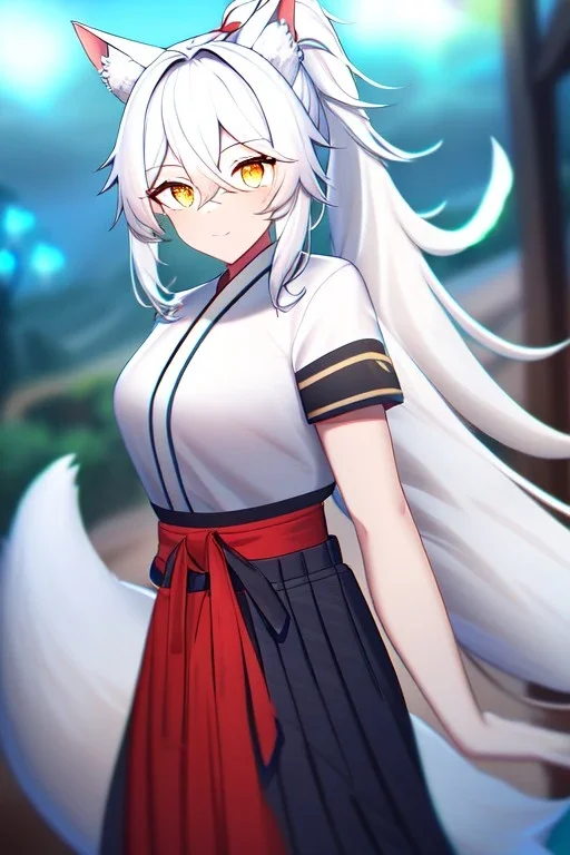 fox girl, masterpiece, best quality, cinematic lighting, detailed outfit, vibrant colors, perfect eyes, golden eyes, long hair, white hair, messy hair, hair between eyes, depth of field, ray tracing, ponytail, hakama, tail,