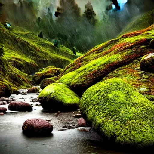 dense florest landscape with a river in a raining day and some rocks, aesthetic, photorealistic