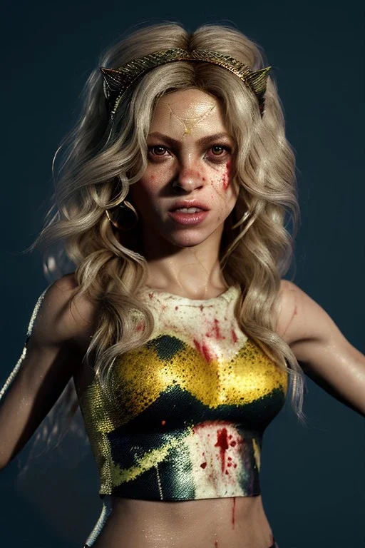 portrait, Shakira, make-up, angry, Realistic image, superhero, retro, dc style, gold make-up, blood, sweat, fog, goddess. Black background, photo studio, concept art, smooth, unreal engine 5, god lights, ray tracing, RTX, lumen lighting, ultra detail, volumetric lighting, 3d, finely drawn, high definition, 4k.