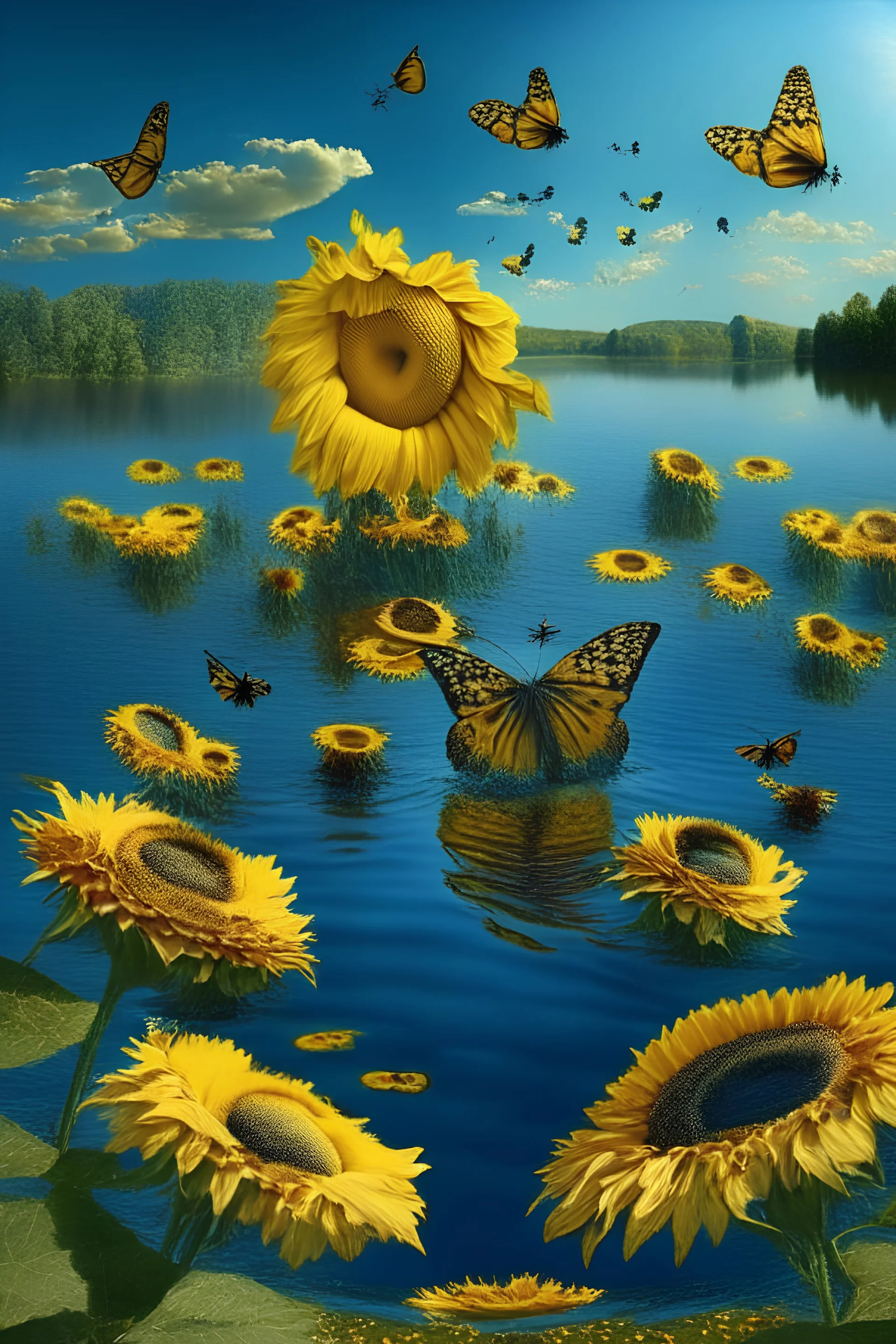 lake of sunflowers in the island of cheese and butterfly