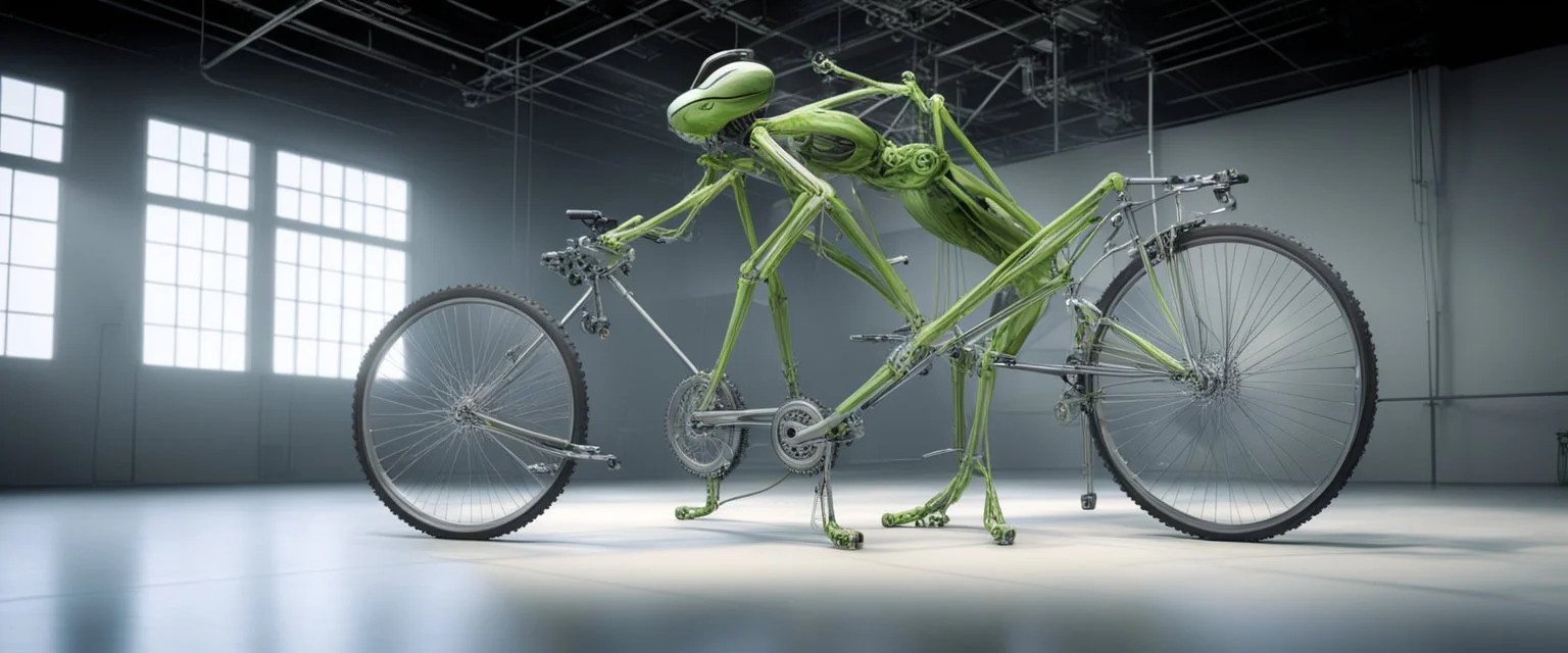 pinhole cam, weird geometry sacred, airbrush 3d rendering, integrated_multimodal_description: [Shot 1] A five-second cinematic single take in a clean industrial presentation hall. A bizarre mechanically plausible bicycle machine stands beside a presentation podium, designed to look like a giant mechanical praying mantis. Two large bicycle wheels form its main body and four thin articulated mechanical legs support it. Two long folded mechanical front arms resemble mantis forelegs.