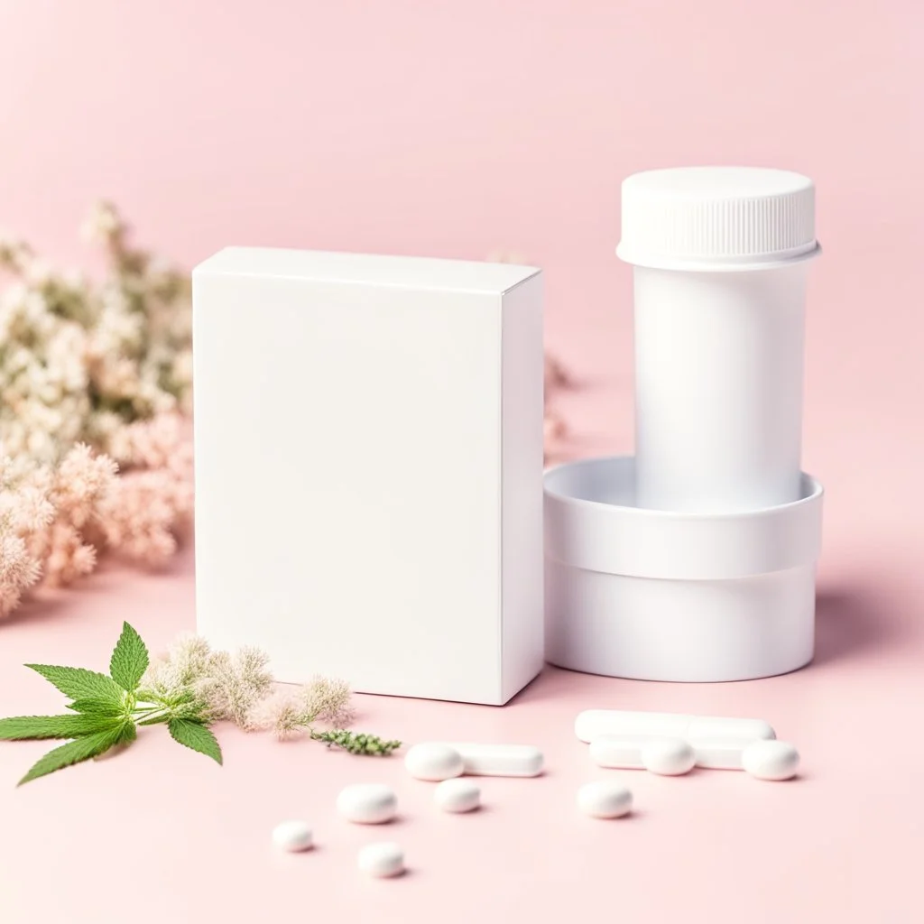 mockup is a white box of a medicinal product in a blister, on a background with pastel tones