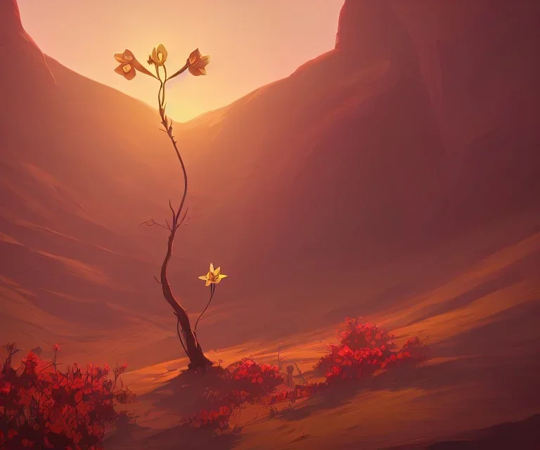 flower, tree, desert, red sun