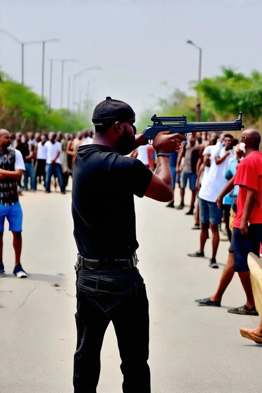 schwarzer drogen dealer mit ak47 zielt auf eine große gruppe weißer unschuldiger menschen bereit sie alle zu töten
