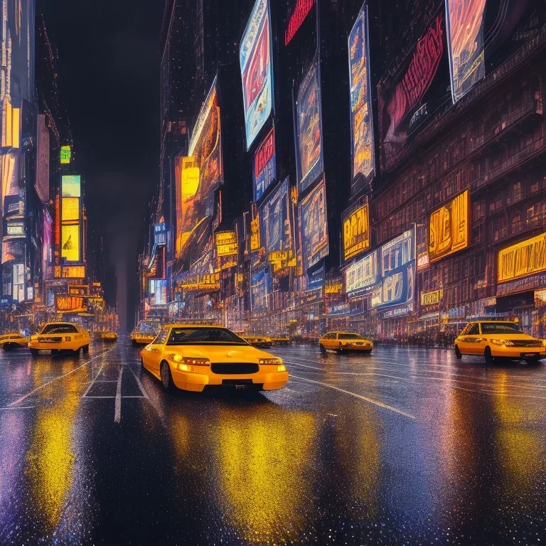 street of new-york, buildings, by night, under rain, one yellow cab, ultra-wide-angle, camera on floor, low-angle shot, extra fine detail, highly intricate, high-quality, volumetric lighting, 8k, ultrahd