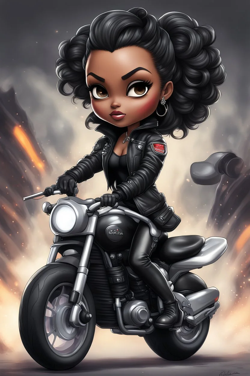 Create a digital airbrush illustration of a chibi cartoon full figure black female riding a sports motorcycle. She is wearing biker jacket and black tights with biker boots. Prominent make up with log lashes and hazel eyes. Extremely highly detailed black shiny wavy hair up in a messy bun. Background of smoke surrounding her and the bike and she's at a bike show.