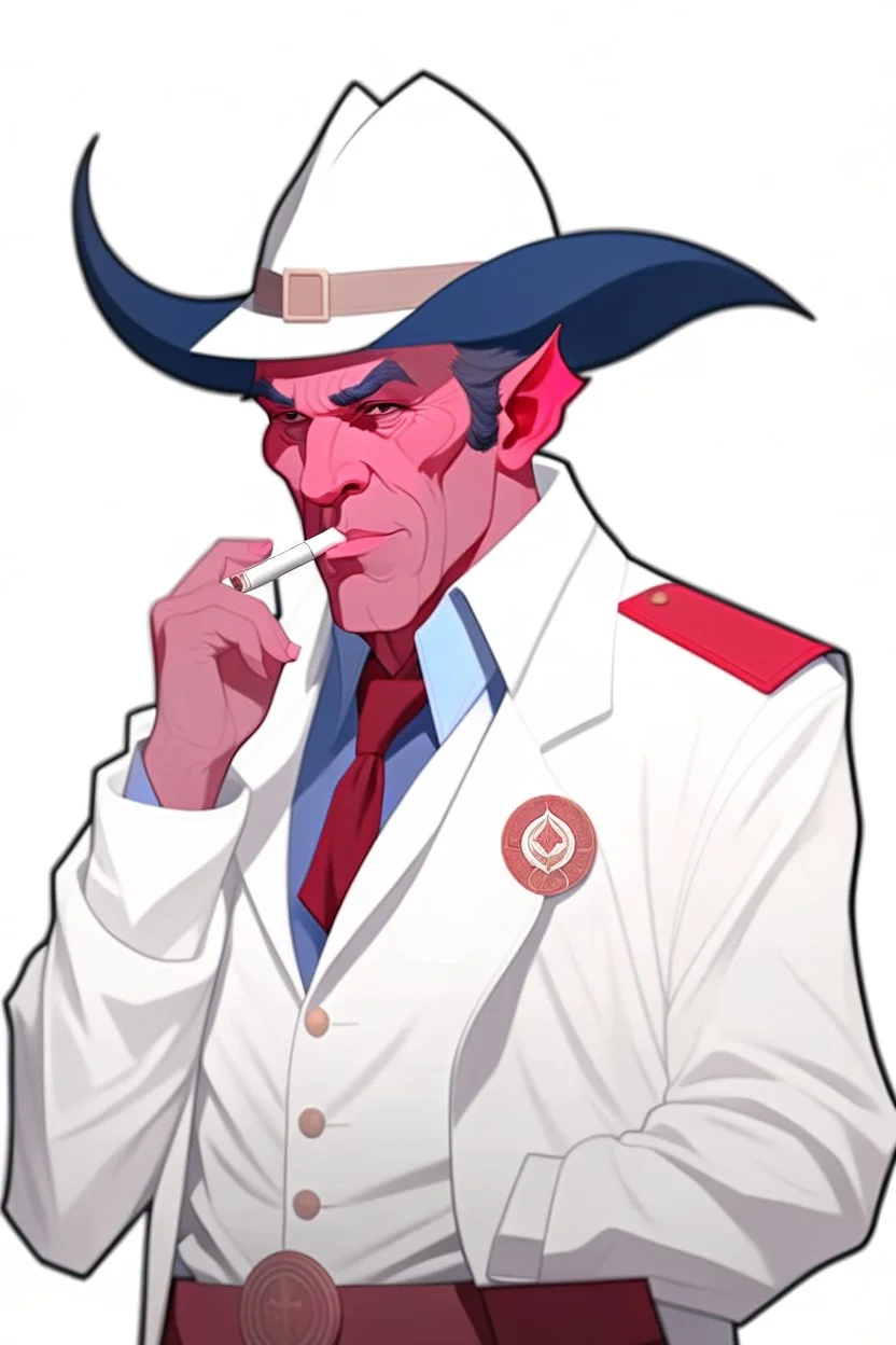 An old male red tiefling wearing a white and blue police comisioner outfit smoking a cig.