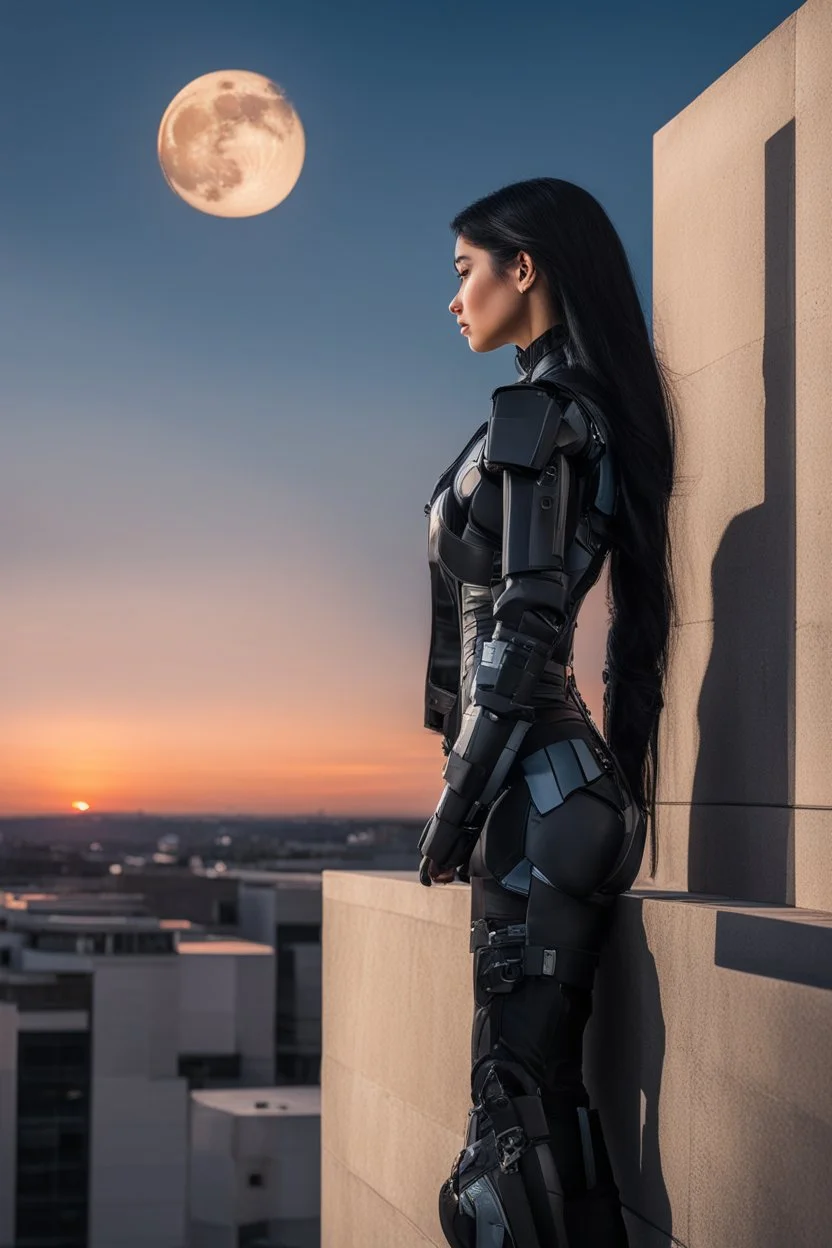 Photo Of A slim Woman With Black Hair, Wearing An android-looking suit, standing sideways On A Ledge of a building, With A waning moon Behind Her Head, sunset