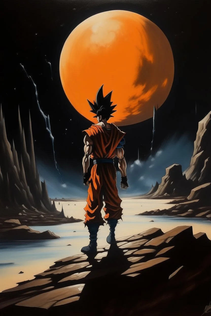 1970's dark fantasy cover dnd style oil painting of goku from dragonball z walking with minimalist far perspective.