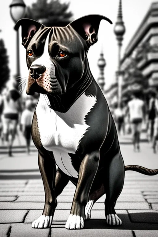 One single mature light Staffordshire terrier, friendly, playing guitar in the street , Berlin, sunny day, model style, hyper realistic, extremely accurate, delicate, extremely detailed, Graphic novel style, wide-angle, open aperture, superfine pencil