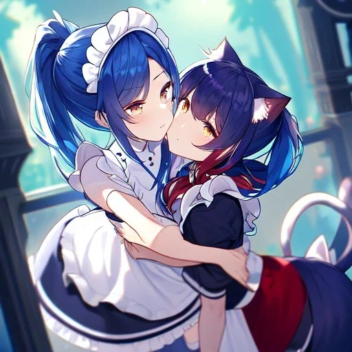 Clear Focus, High resolution, wearing a maid uniform, fluffy hair and a long ponytail, blue hair, cat ears, meowing, hugging another girl with red long fluffy hair also wearing a maid outfit, looking at you