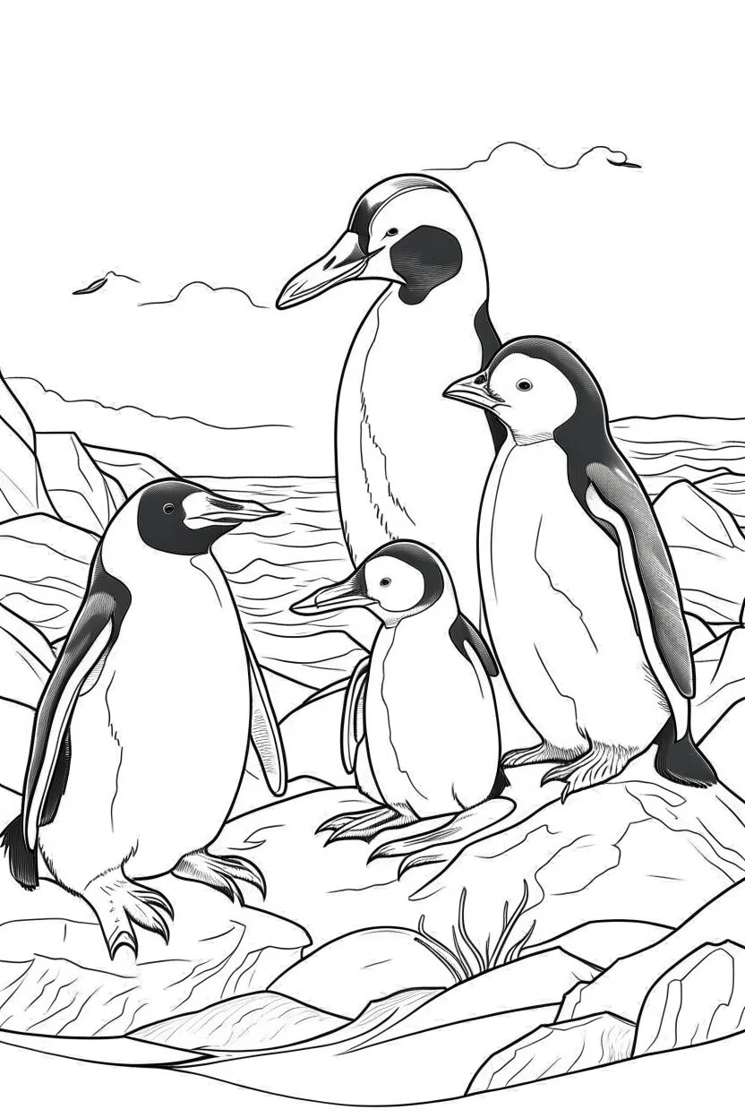 A family of penguins huddled together on a snowy cliff, their sleek bodies perfectly adapted to the harsh Antarctic climate., clean line art, monochrome, for kids coloring book, white background