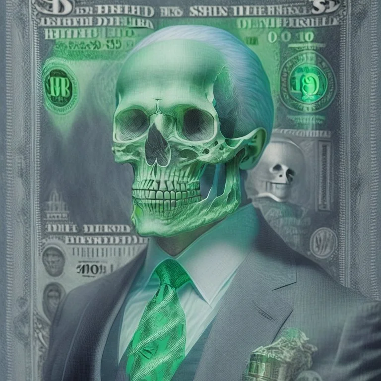 a head and shoulders portrait of a skeleton dressed in a three-piece suit as the president of the united states, based on us currency, united states one dollar bill, shades of green, real-life, colors match the united states one dollar bill, realistic, robotic,